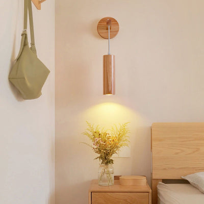 Modern Minimalist Oak Glass Cylinder LED Wall Sconce Lamp For Bedroom