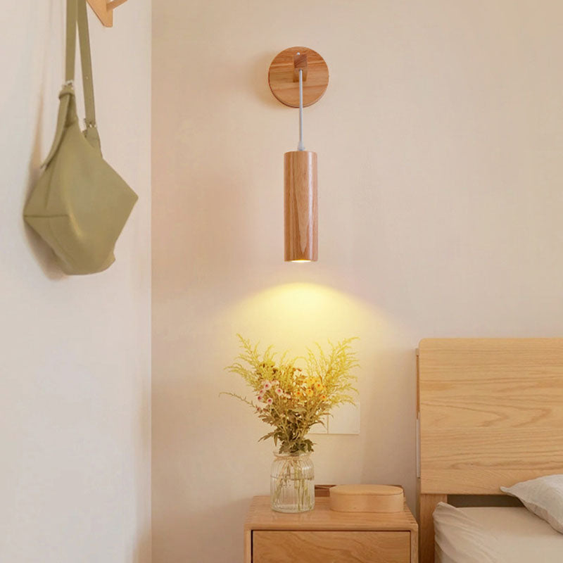 Modern Minimalist Oak Glass Cylinder LED Wall Sconce Lamp For Bedroom