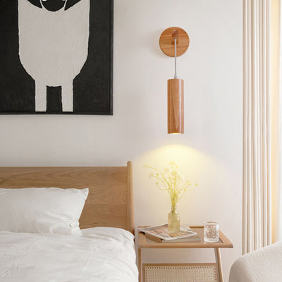 Modern Minimalist Oak Glass Cylinder LED Wall Sconce Lamp For Bedroom