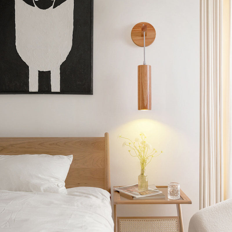 Modern Minimalist Oak Glass Cylinder LED Wall Sconce Lamp For Bedroom