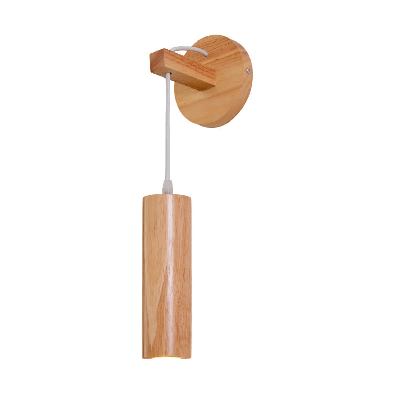 Modern Minimalist Oak Glass Cylinder LED Wall Sconce Lamp For Bedroom