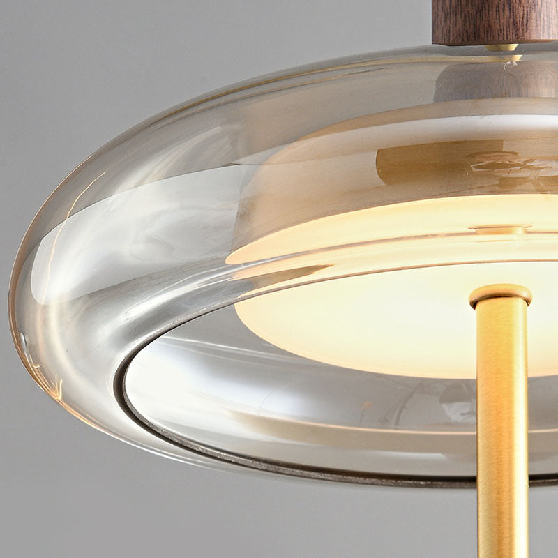 Contemporary Scandinavian Copper Walnut Glass Round LED Chandelier For Dining Room