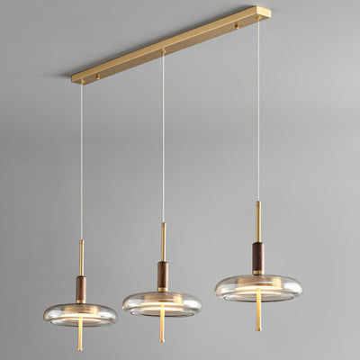 Contemporary Scandinavian Copper Walnut Glass Round LED Chandelier For Dining Room