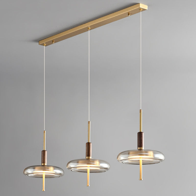 Contemporary Scandinavian Copper Walnut Glass Round LED Chandelier For Dining Room