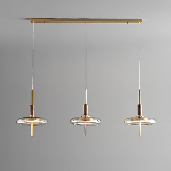 Contemporary Scandinavian Copper Walnut Glass Round LED Chandelier For Dining Room