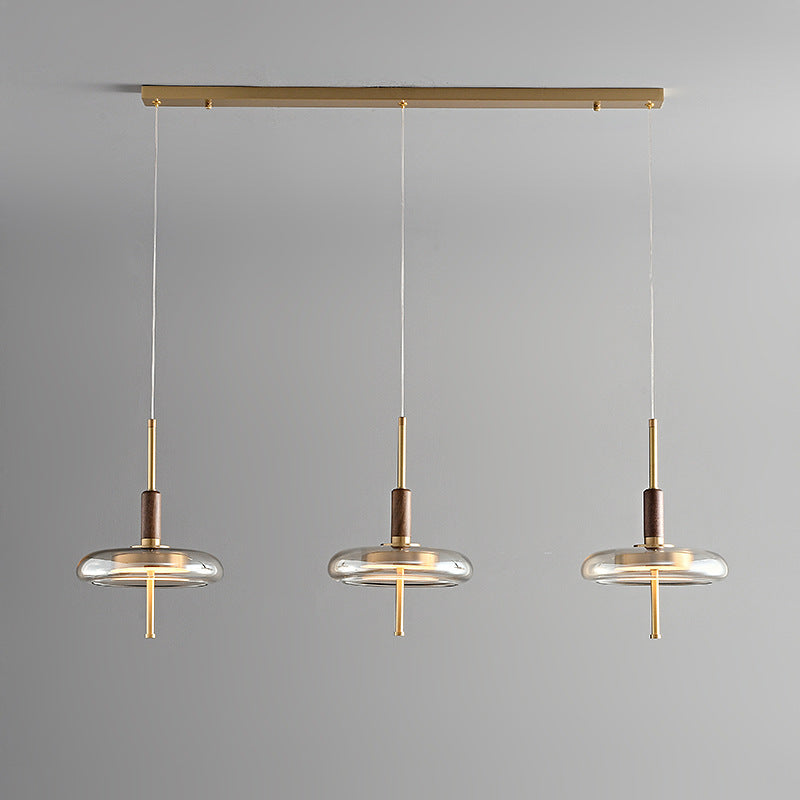 Contemporary Scandinavian Copper Walnut Glass Round LED Chandelier For Dining Room
