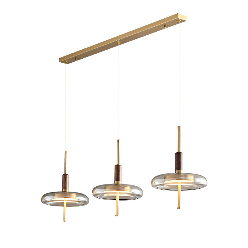 Contemporary Scandinavian Copper Walnut Glass Round LED Chandelier For Dining Room