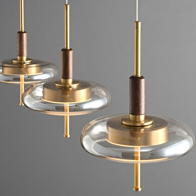 Contemporary Scandinavian Copper Walnut Glass Round LED Chandelier For Dining Room