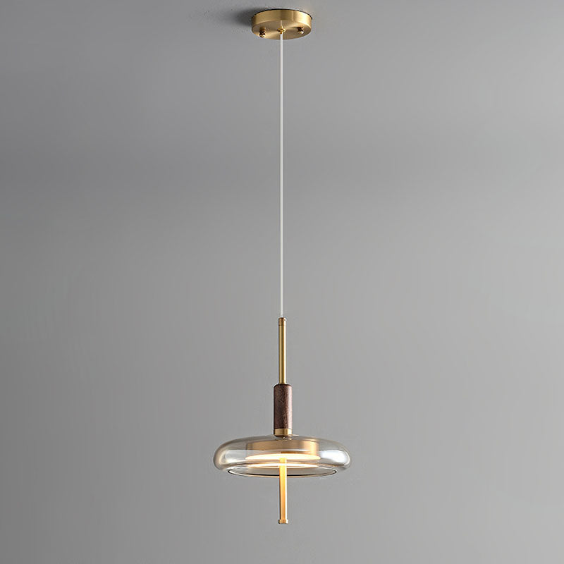 Contemporary Scandinavian Copper Walnut Glass Round LED Chandelier For Dining Room