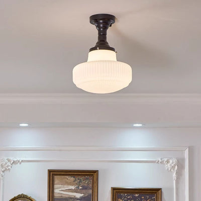 Traditional French Iron Glass Round 1-Light Semi-Flush Mount Ceiling Light For Living Room