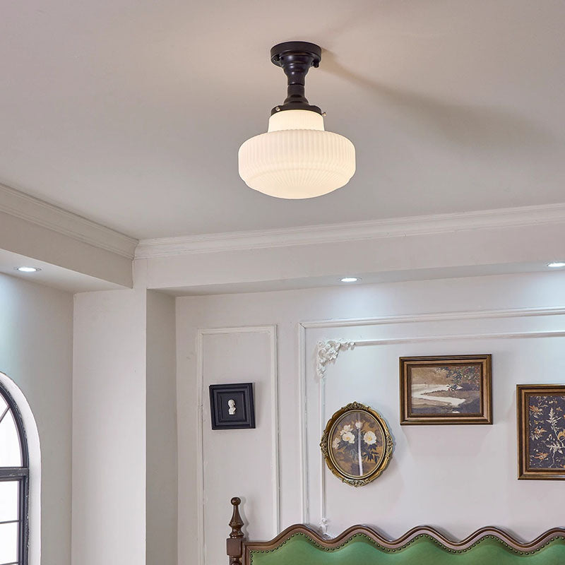 Traditional French Iron Glass Round 1-Light Semi-Flush Mount Ceiling Light For Living Room