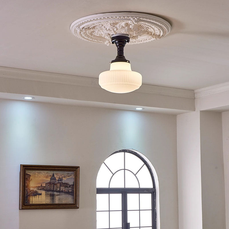 Traditional French Iron Glass Round 1-Light Semi-Flush Mount Ceiling Light For Living Room