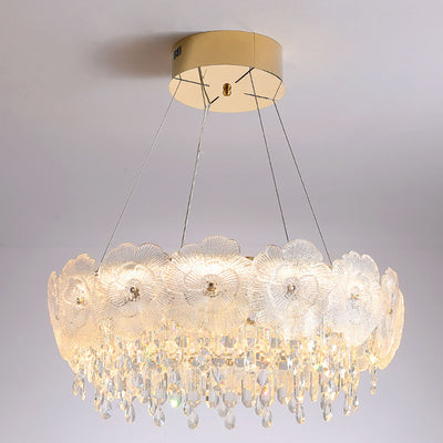 Traditional French Stainless Steel Glass Crystal Flower Round LED Chandelier For Bedroom