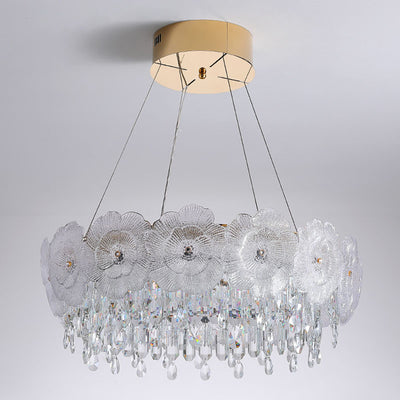 Traditional French Stainless Steel Glass Crystal Flower Round LED Chandelier For Bedroom