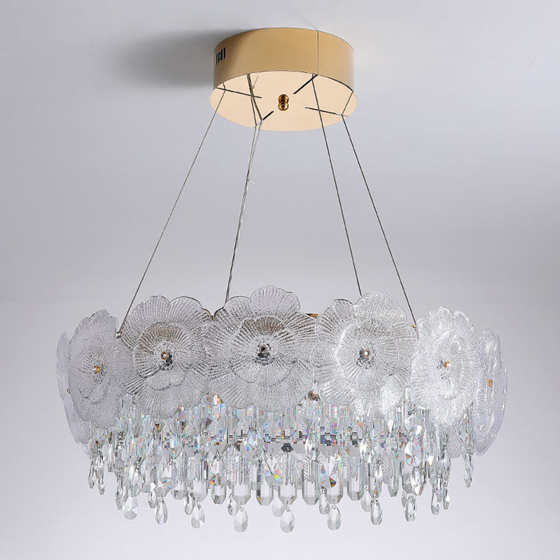 Traditional French Stainless Steel Glass Crystal Flower Round LED Chandelier For Bedroom