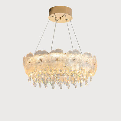 Traditional French Stainless Steel Glass Crystal Flower Round LED Chandelier For Bedroom
