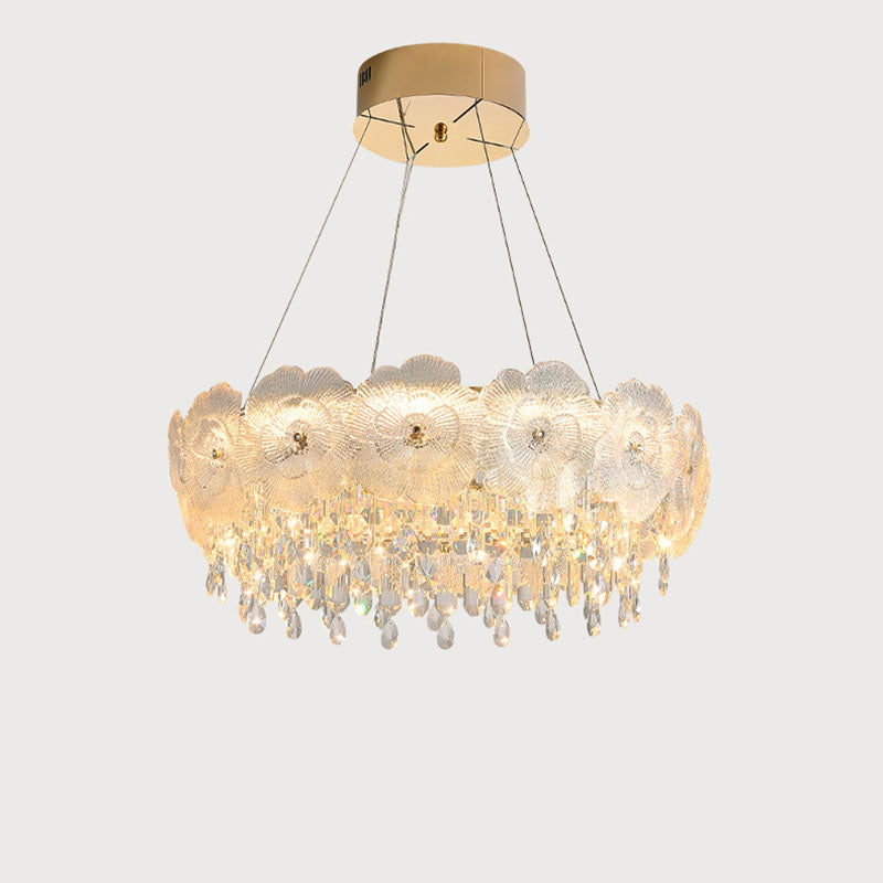 Traditional French Stainless Steel Glass Crystal Flower Round LED Chandelier For Bedroom