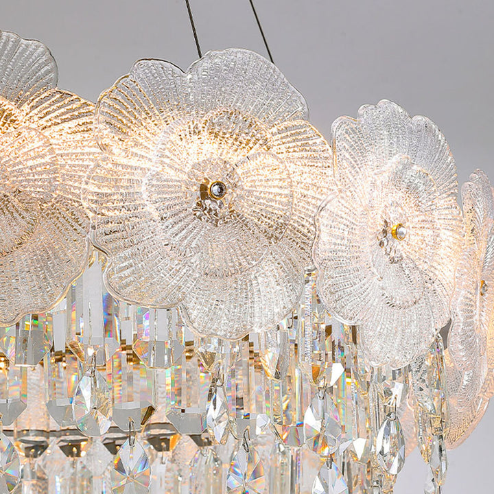 Traditional French Stainless Steel Glass Crystal Flower Round LED Chandelier For Bedroom