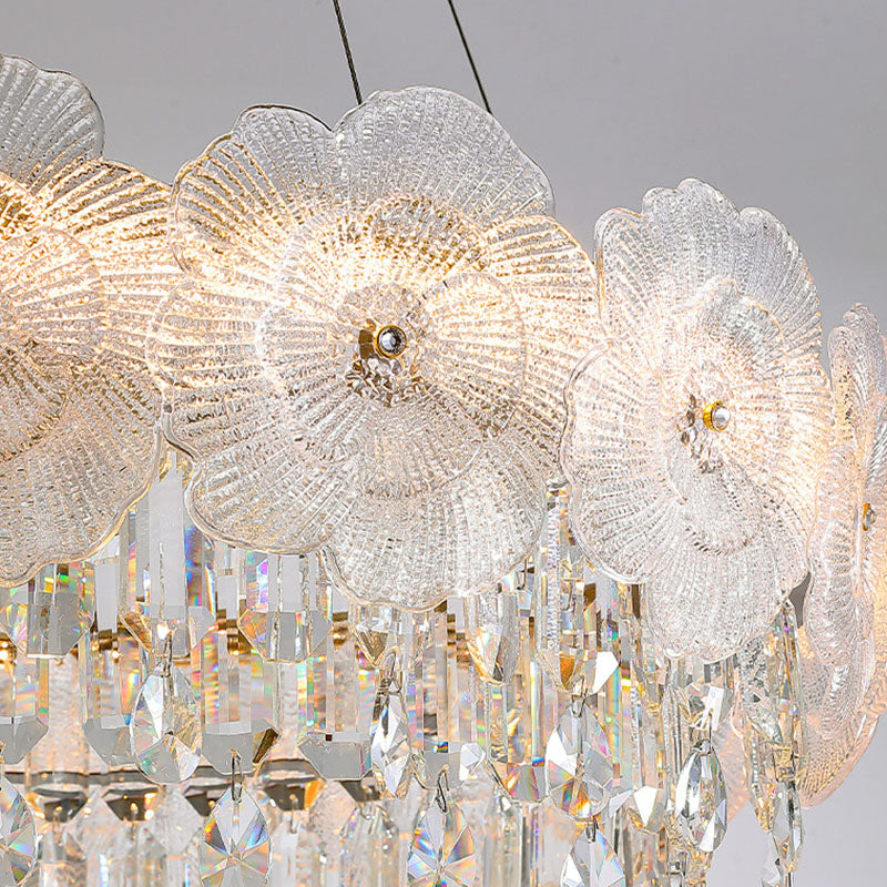 Traditional French Stainless Steel Glass Crystal Flower Round LED Chandelier For Bedroom