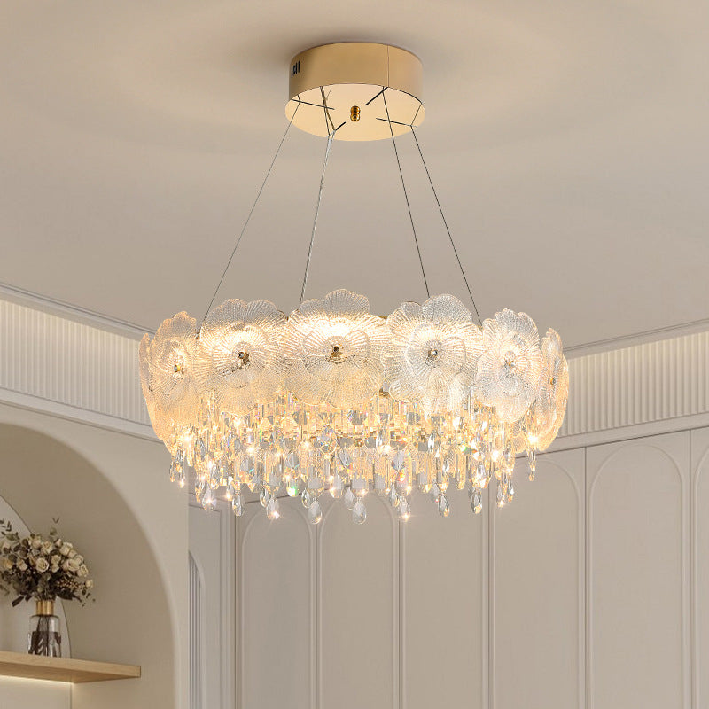 Traditional French Stainless Steel Glass Crystal Flower Round LED Chandelier For Bedroom