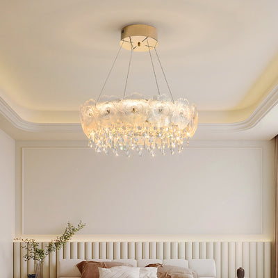 Traditional French Stainless Steel Glass Crystal Flower Round LED Chandelier For Bedroom