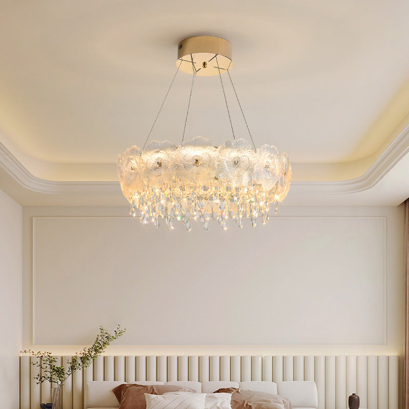 Traditional French Stainless Steel Glass Crystal Flower Round LED Chandelier For Bedroom