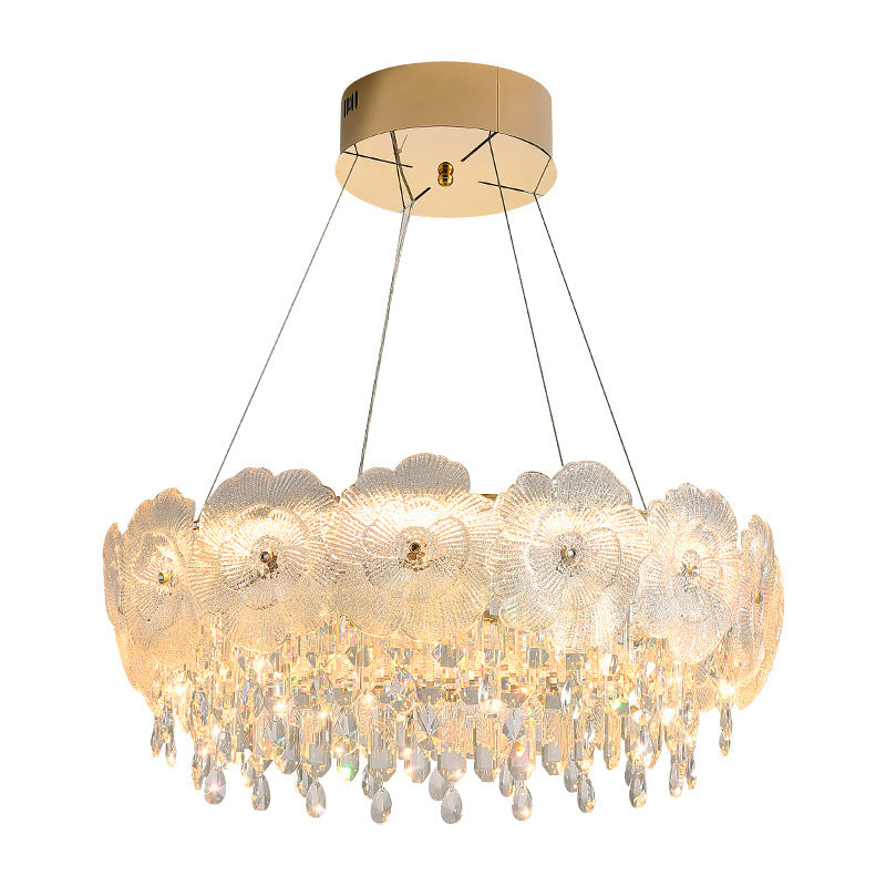 Traditional French Stainless Steel Glass Crystal Flower Round LED Chandelier For Bedroom