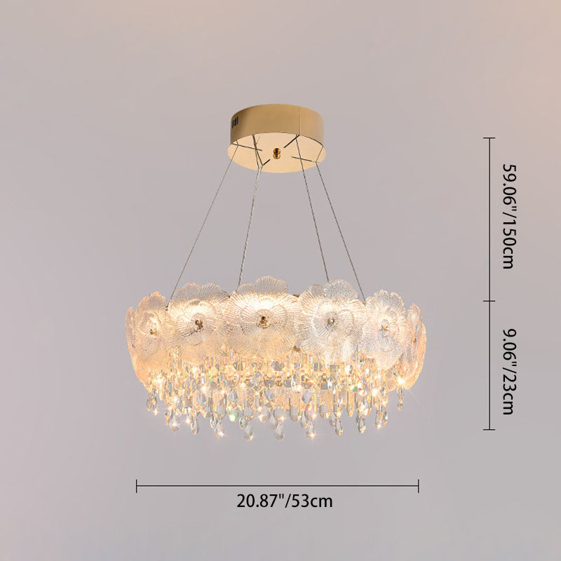 Traditional French Stainless Steel Glass Crystal Flower Round LED Chandelier For Bedroom