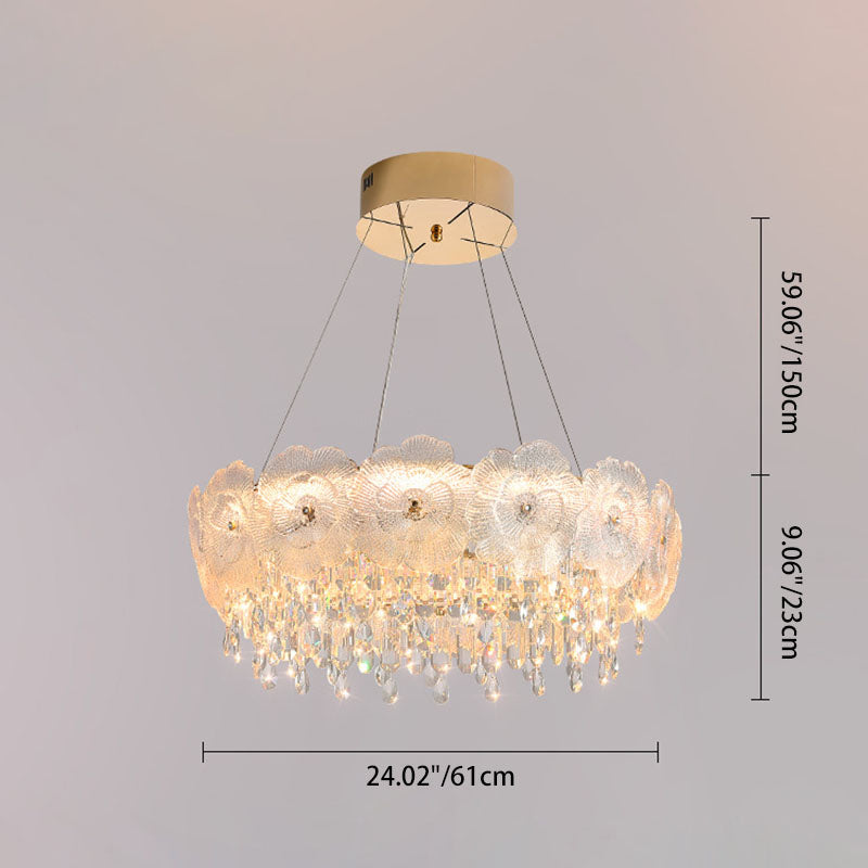 Traditional French Stainless Steel Glass Crystal Flower Round LED Chandelier For Bedroom