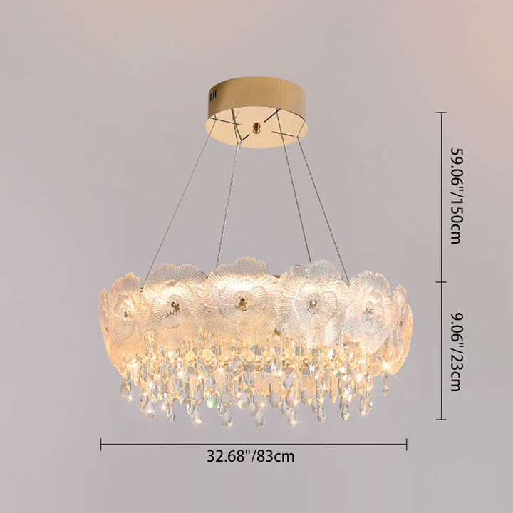 Traditional French Stainless Steel Glass Crystal Flower Round LED Chandelier For Bedroom