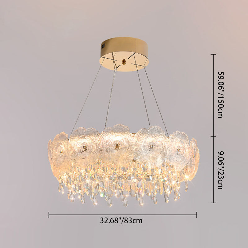 Traditional French Stainless Steel Glass Crystal Flower Round LED Chandelier For Bedroom