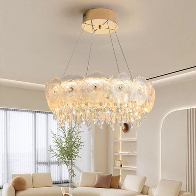 Traditional French Stainless Steel Glass Crystal Flower Round LED Chandelier For Bedroom