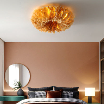 Modern Art Deco Feather Iron Wreath Round 3/6/8 Light Flush Mount Ceiling Light For Bedroom