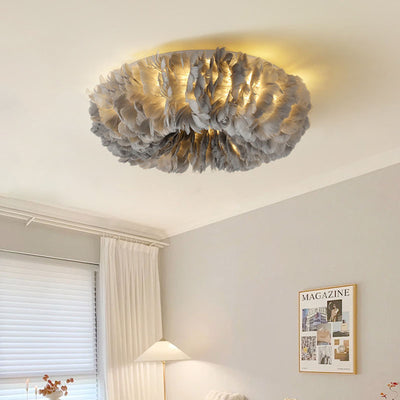 Modern Art Deco Feather Iron Wreath Round 3/6/8 Light Flush Mount Ceiling Light For Bedroom