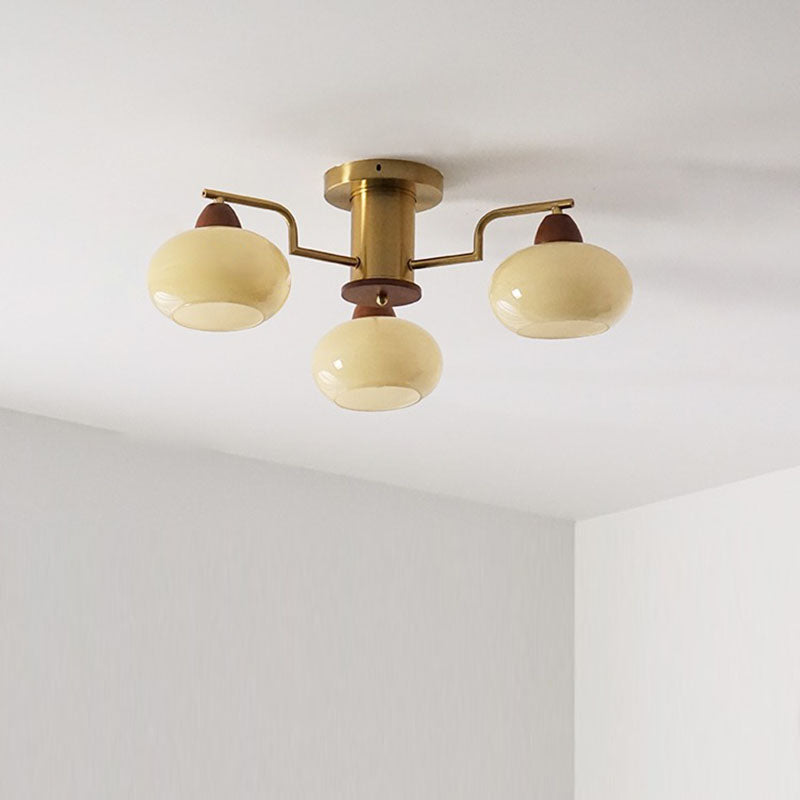 Traditional Vintage Iron Glass Wood Persimmon Round 3/6/8 Light Semi-Flush Mount Ceiling Light For Living Room