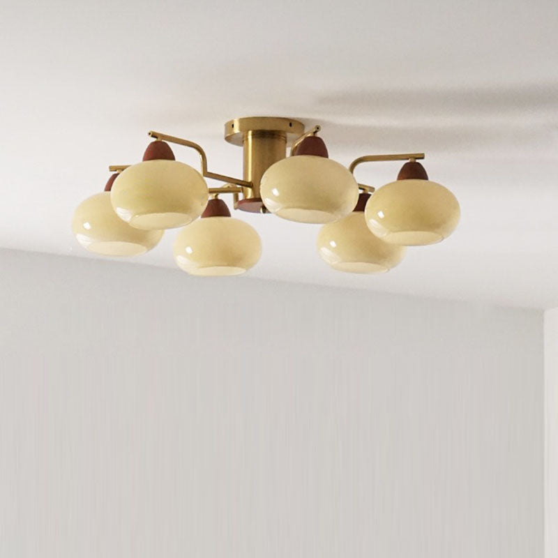 Traditional Vintage Iron Glass Wood Persimmon Round 3/6/8 Light Semi-Flush Mount Ceiling Light For Living Room