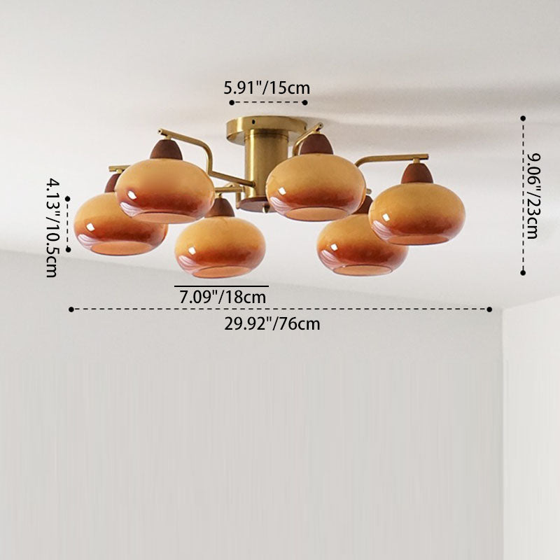 Traditional Vintage Iron Glass Wood Persimmon Round 3/6/8 Light Semi-Flush Mount Ceiling Light For Living Room