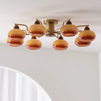 Traditional Vintage Iron Glass Wood Persimmon Round 3/6/8 Light Semi-Flush Mount Ceiling Light For Living Room
