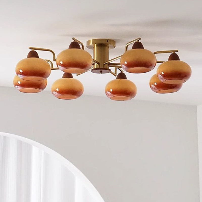Traditional Vintage Iron Glass Wood Persimmon Round 3/6/8 Light Semi-Flush Mount Ceiling Light For Living Room