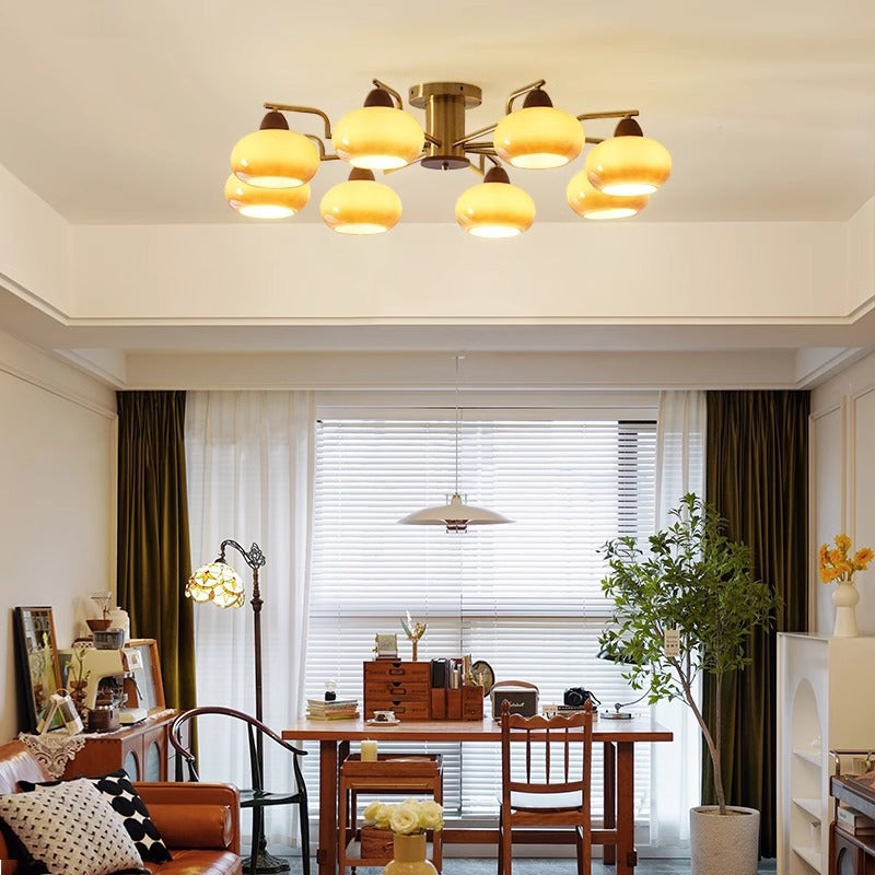 Traditional Vintage Iron Glass Wood Persimmon Round 3/6/8 Light Semi-Flush Mount Ceiling Light For Living Room