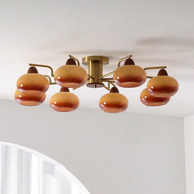 Traditional Vintage Iron Glass Wood Persimmon Round 3/6/8 Light Semi-Flush Mount Ceiling Light For Living Room