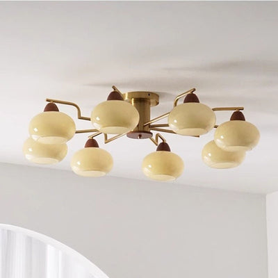 Traditional Vintage Iron Glass Wood Persimmon Round 3/6/8 Light Semi-Flush Mount Ceiling Light For Living Room