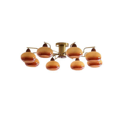 Traditional Vintage Iron Glass Wood Persimmon Round 3/6/8 Light Semi-Flush Mount Ceiling Light For Living Room