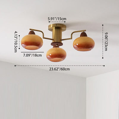 Traditional Vintage Iron Glass Wood Persimmon Round 3/6/8 Light Semi-Flush Mount Ceiling Light For Living Room