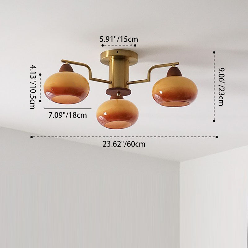Traditional Vintage Iron Glass Wood Persimmon Round 3/6/8 Light Semi-Flush Mount Ceiling Light For Living Room