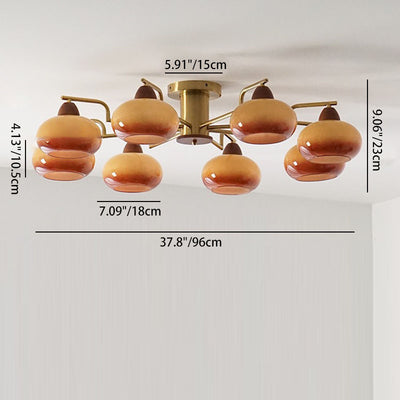 Traditional Vintage Iron Glass Wood Persimmon Round 3/6/8 Light Semi-Flush Mount Ceiling Light For Living Room