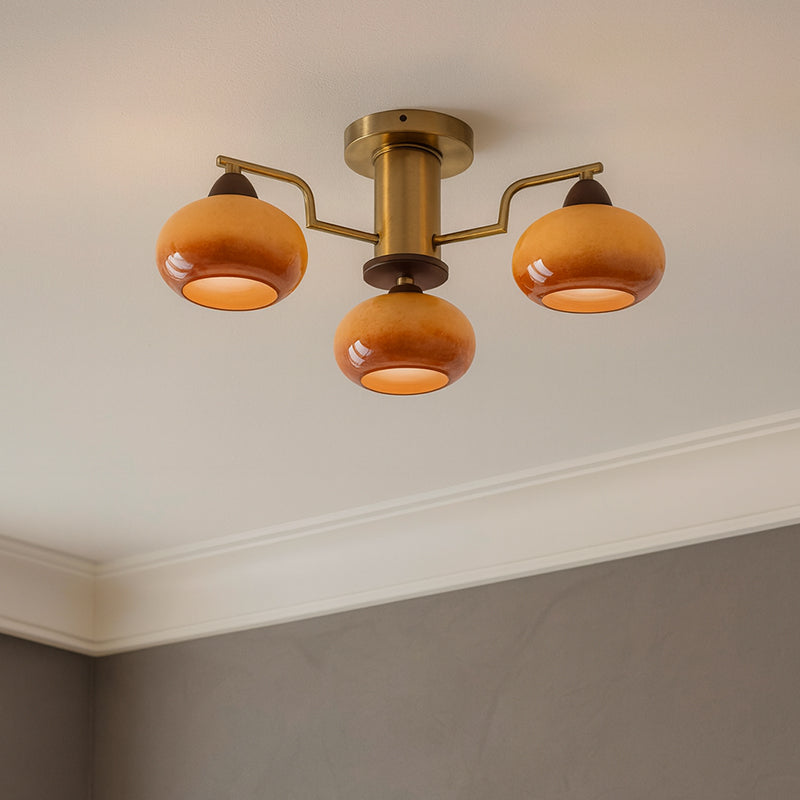 Traditional Vintage Iron Glass Wood Persimmon Round 3/6/8 Light Semi-Flush Mount Ceiling Light For Living Room