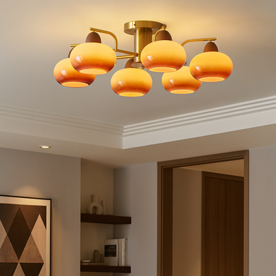 Traditional Vintage Iron Glass Wood Persimmon Round 3/6/8 Light Semi-Flush Mount Ceiling Light For Living Room