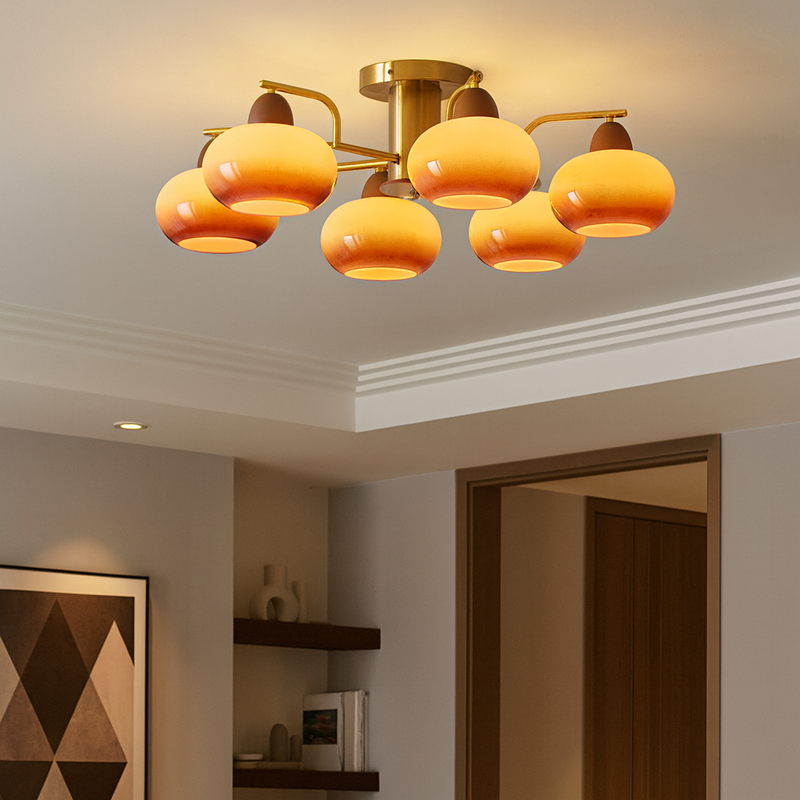 Traditional Vintage Iron Glass Wood Persimmon Round 3/6/8 Light Semi-Flush Mount Ceiling Light For Living Room