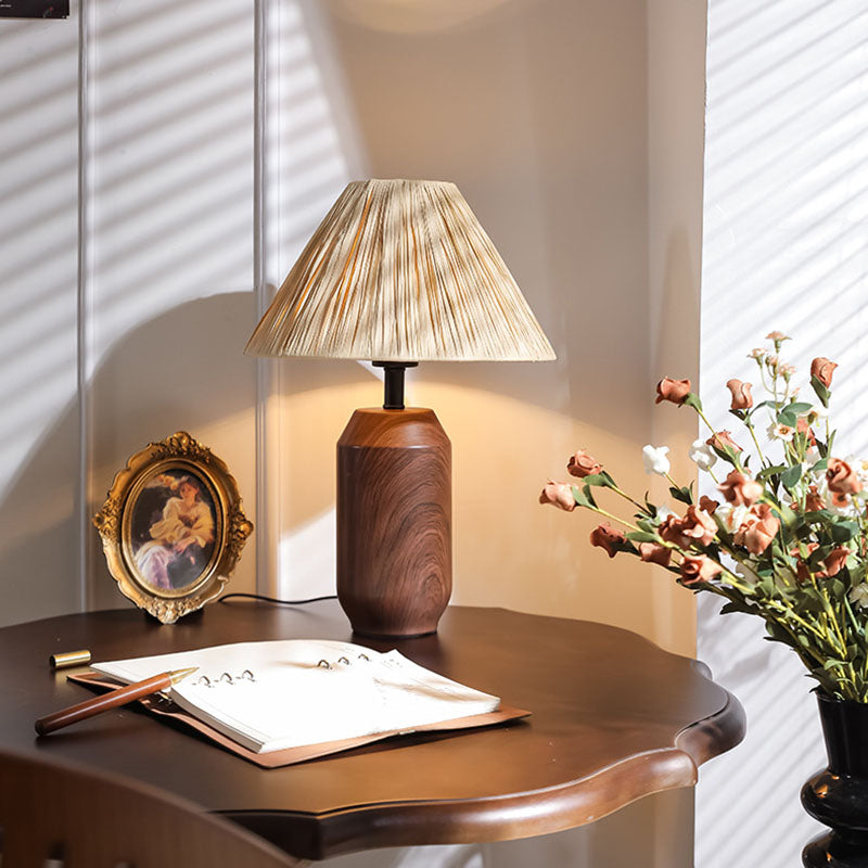 Traditional Japanese Iron Fabric Cylinder Imitation Wicker USB 1-Light Table Lamp For Bedroom